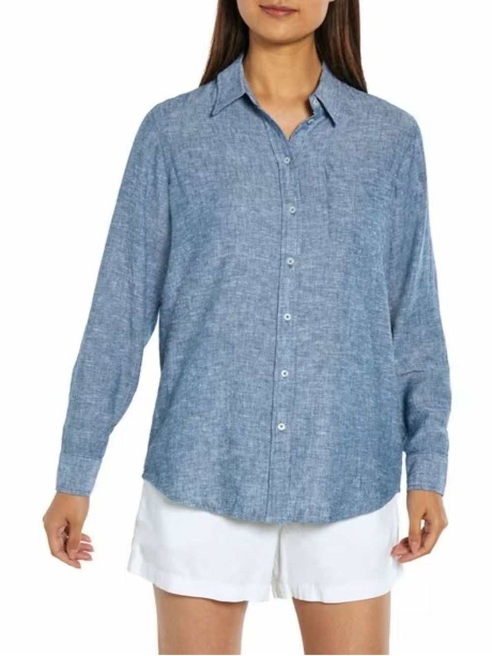 Linen Blend Long-Sleeve Chambray Button-Up Shirt - Blue